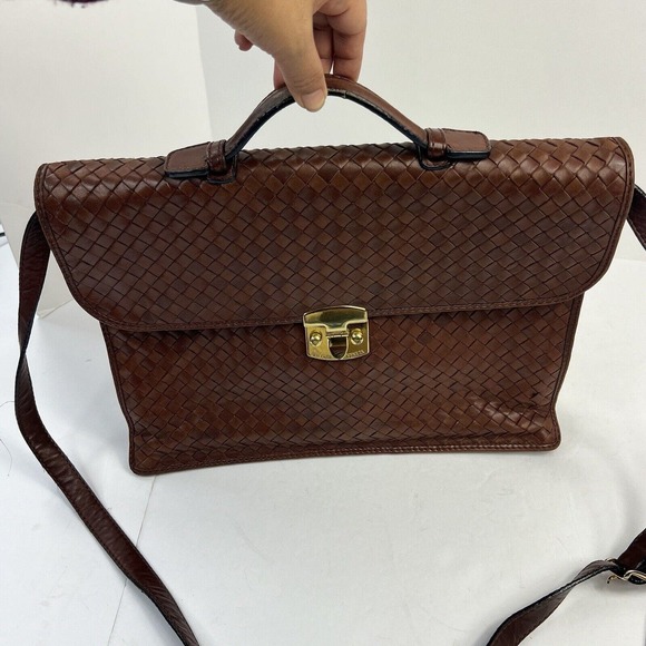 Bottega Veneta Cognac Brown Woven Leather Briefcase Top Handle Gold Buckle - Picture 3 of 16